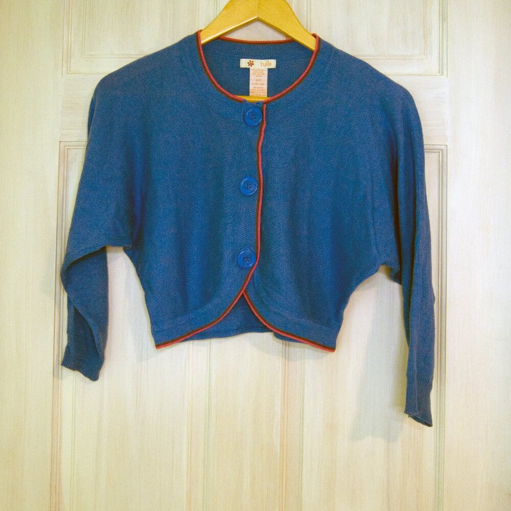 Blue Cropped Cardigan with Dolman Sleeves and Contrast Trim Size Small by Tulle